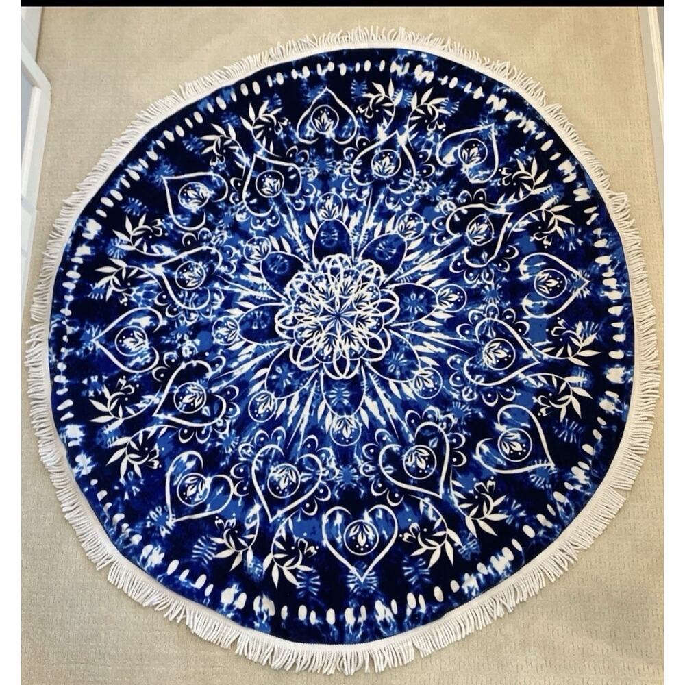 LOFT by Loftex 66” Round Beach Towel Blue Mandala 100% Cotton Fringe Summer Swim